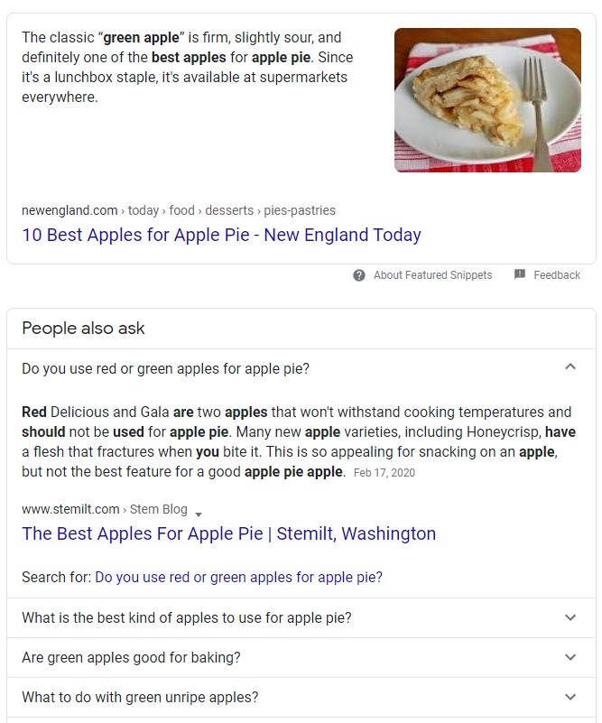 Google Search knowledge panels. Here are two examples, top of page and questions and answers.