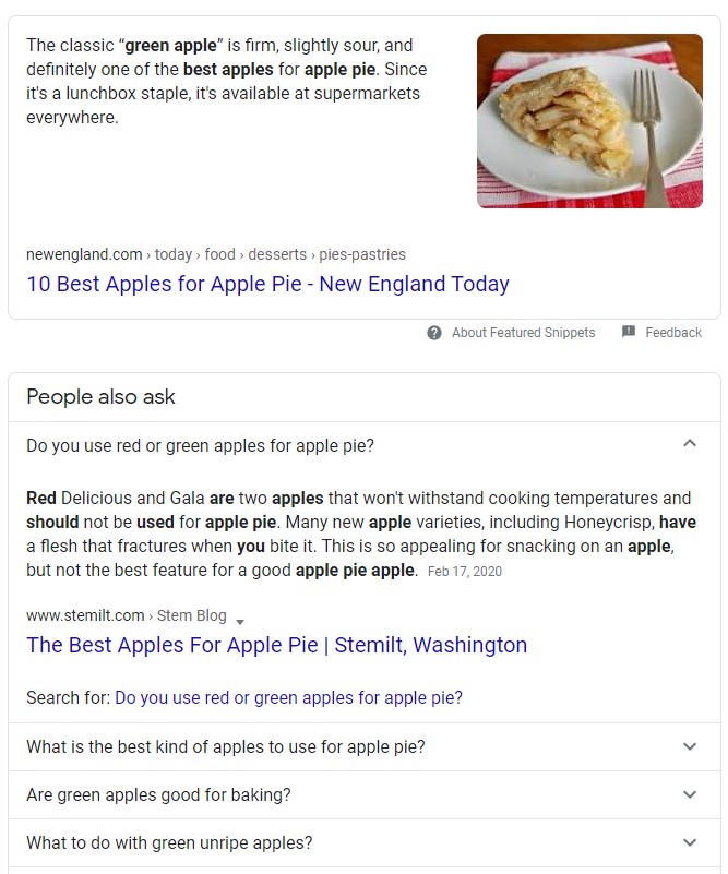 Google Search knowledge panels. Here are two examples, top of page and questions and answers.