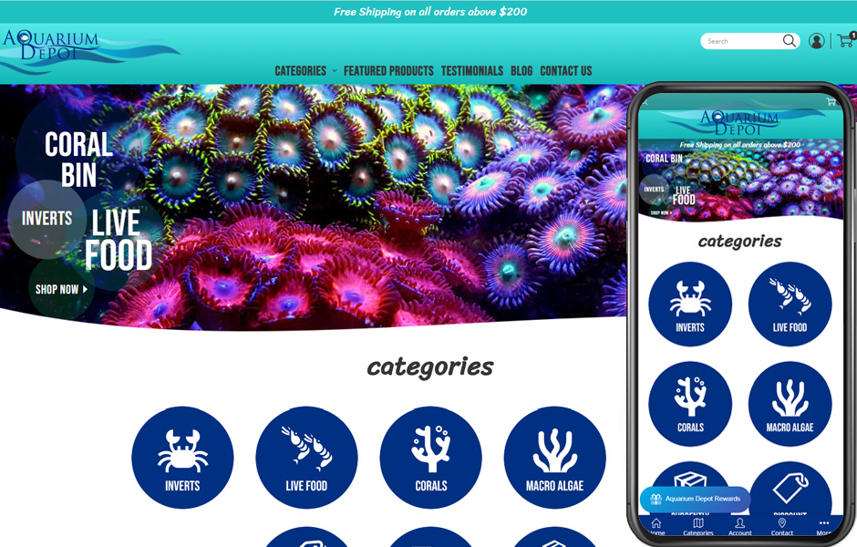 Aquarium Depot's new site shown on a desktop and on mobile