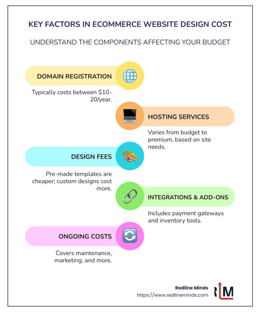 Infographic detailing cost factors including backend/frontend development, UI/UX design, integrations, domain registration, and hosting - ecommerce website design cost infographic infographic-line-5-steps-colors