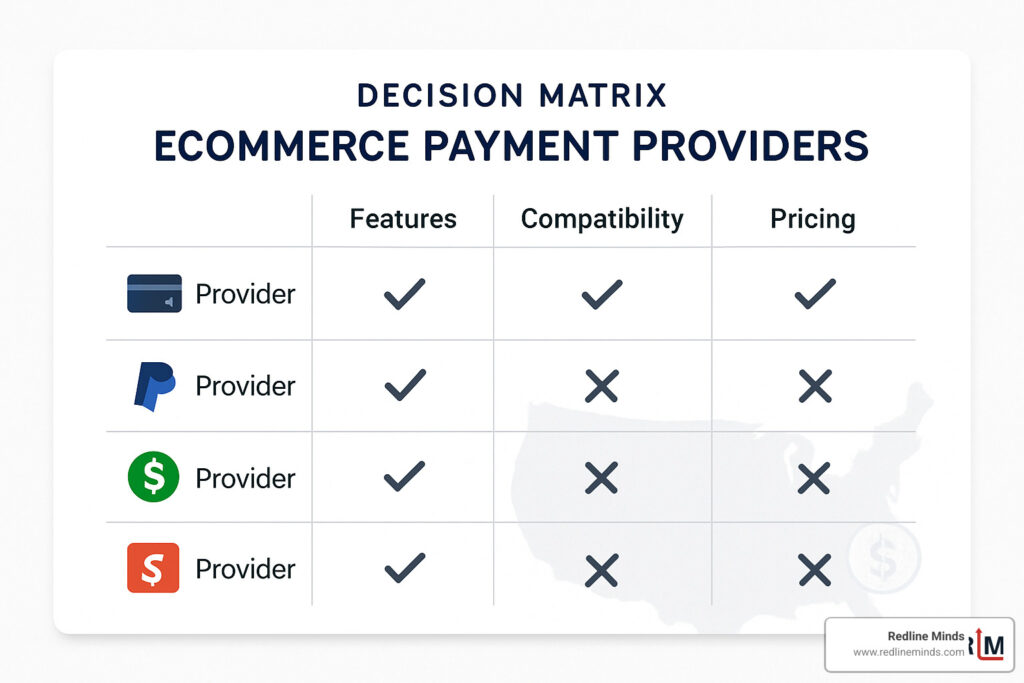 Decision matrix for selecting ecommerce payment providers based on features, compatibility, and pricing - ecommerce payment