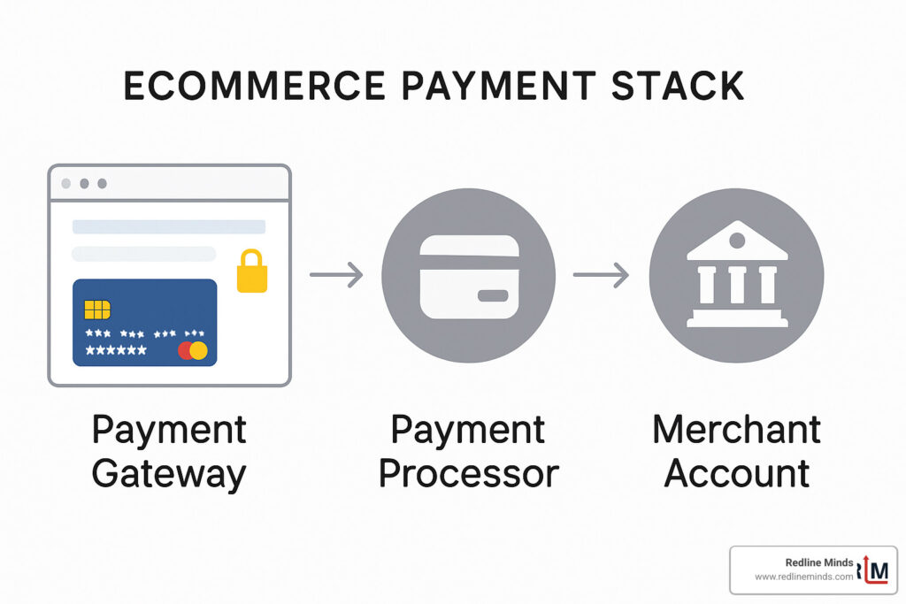 Ecommerce payment stack components showing payment gateway, processor, and merchant account - ecommerce payment