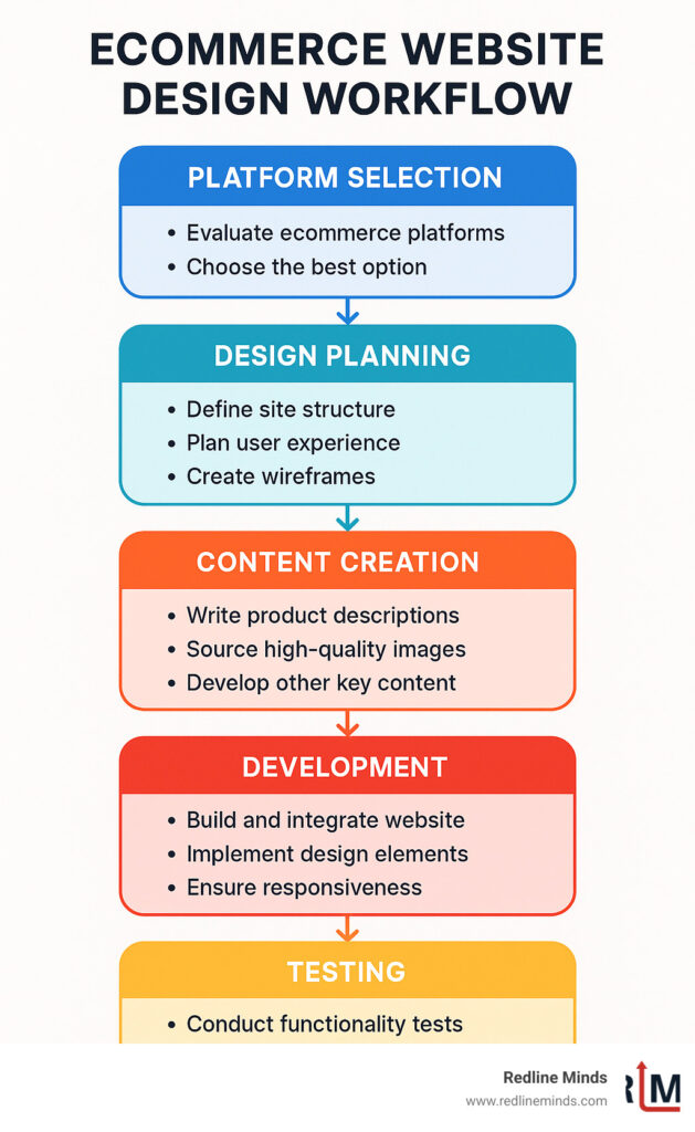 Ecommerce website design workflow showing the 6 key phases: Platform selection, Design planning, Content creation, Development, Testing, and Launch with corresponding tasks under each phase - ecommerce website design for small business infographic 