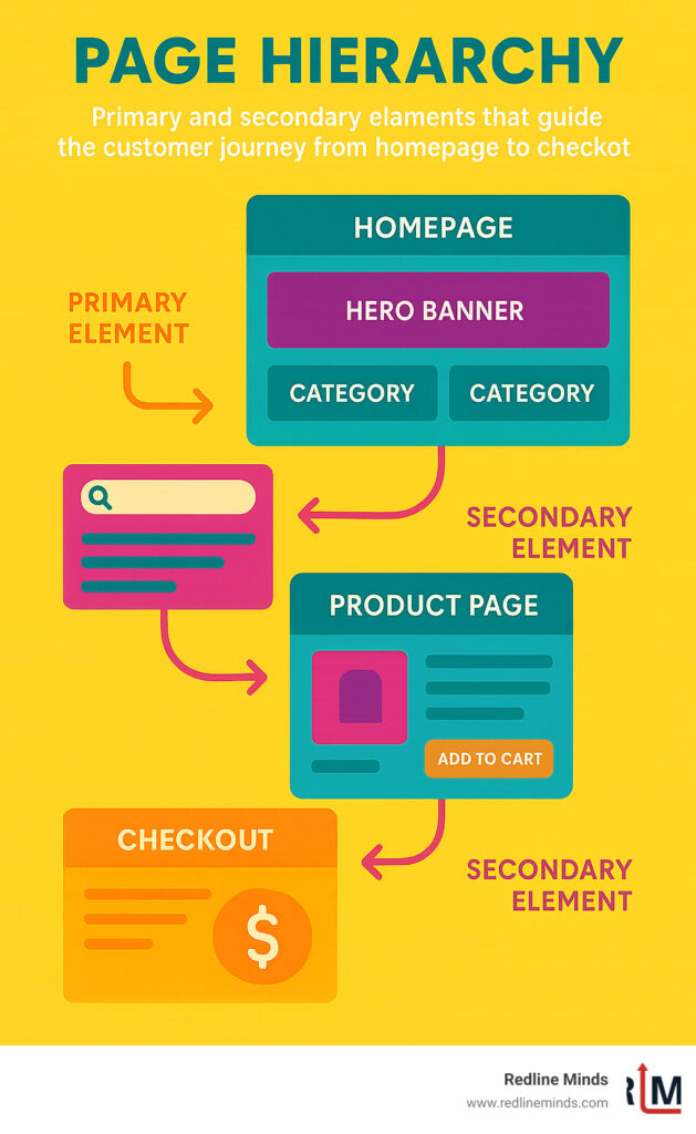Page hierarchy showing primary and secondary elements that guide the customer journey from homepage to checkout - ecommerce website design for small business infographic 
