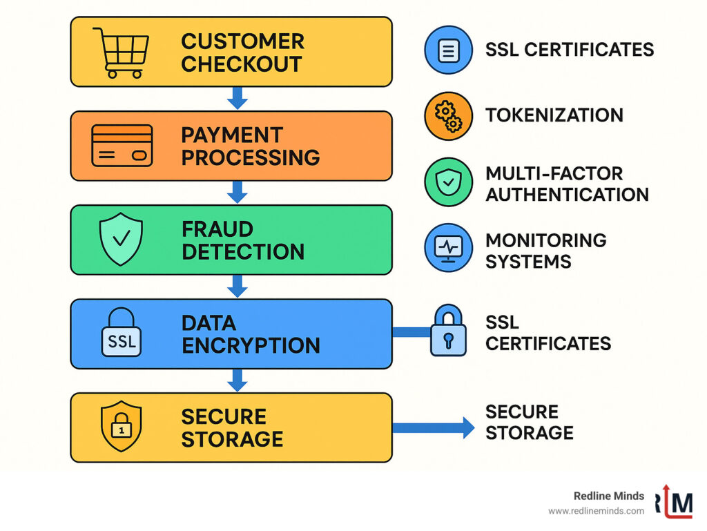 Comprehensive infographic showing the online transaction security lifecycle from customer checkout through payment processing, fraud detection, data encryption, compliance verification, and secure storage, with icons for each security layer including SSL certificates, tokenization, multi-factor authentication, and monitoring systems - online transaction security measures infographic 