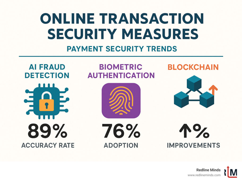 Infographic showing statistics on payment security trends including AI fraud detection accuracy rates, biometric authentication adoption percentages, and blockchain transaction security improvements - online transaction security measures infographic 