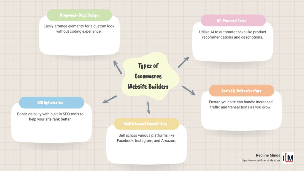 Infographic of different types of ecommerce website builders with their pros and cons, including features like drag-and-drop design, SEO optimization, and multichannel capabilities - ecommerce website builder infographic mindmap-5-items