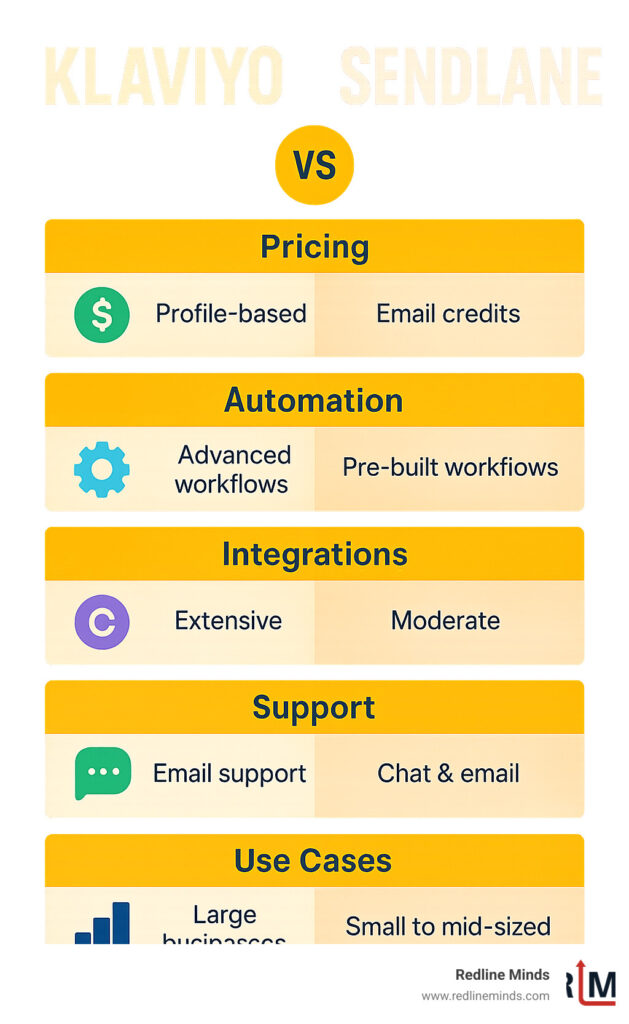 Comprehensive comparison infographic showing Klaviyo vs Sendlane key differences including pricing models, automation capabilities, integration depth, support options, and recommended use cases for different business sizes - klaviyo for shopify vs sendlane infographic 